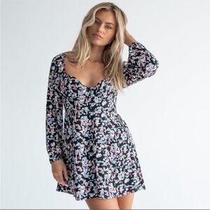 Princess Polly Kassie Long Sleeve Smocked Mini Dress Black Floral 2